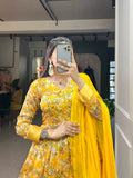 Yellow Tussar Silk Printed Fully Stitched Gown