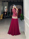 Elegant Stitched Georgette Red Top & Plazo Set with Embroidery